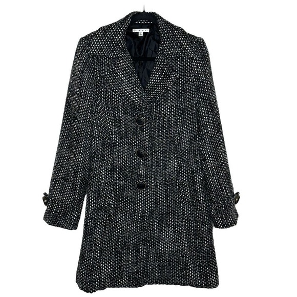 CABI Salt & Pepper Tweed Overcoat Size M‎ Black Gray White Classic Wool Blend - Picture 1 of 11